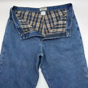 LL Bean Plaid Flannel Lined Jeans Mens 38x30 Blue Medium Wash Denim‎ Natural Fit